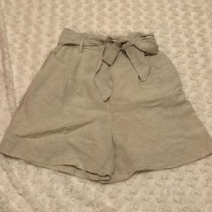 High waisted cream linen paper bag shorts
